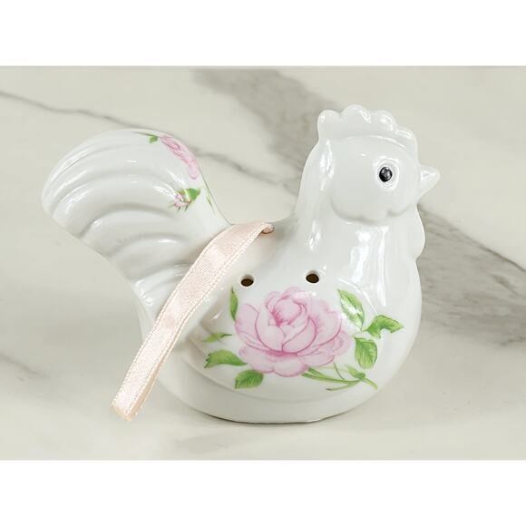 Rooster Chicken Potpourri Holder Hanging 4 1/4" Pink Rose Design 90s Porcelain - Picture 8 of 15